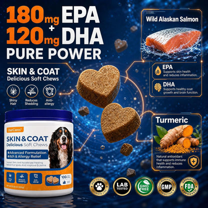 Omega 3 Fish Oil for Dogs Skin & Coat, Allergy & Itch 15 Ct | Pure Wild Alaskan Salmon Oil with 180Mg EPA + 120Mg DHA per Chew. for Skin, Coat, Shedding, Itch & Seasonal Allergies.