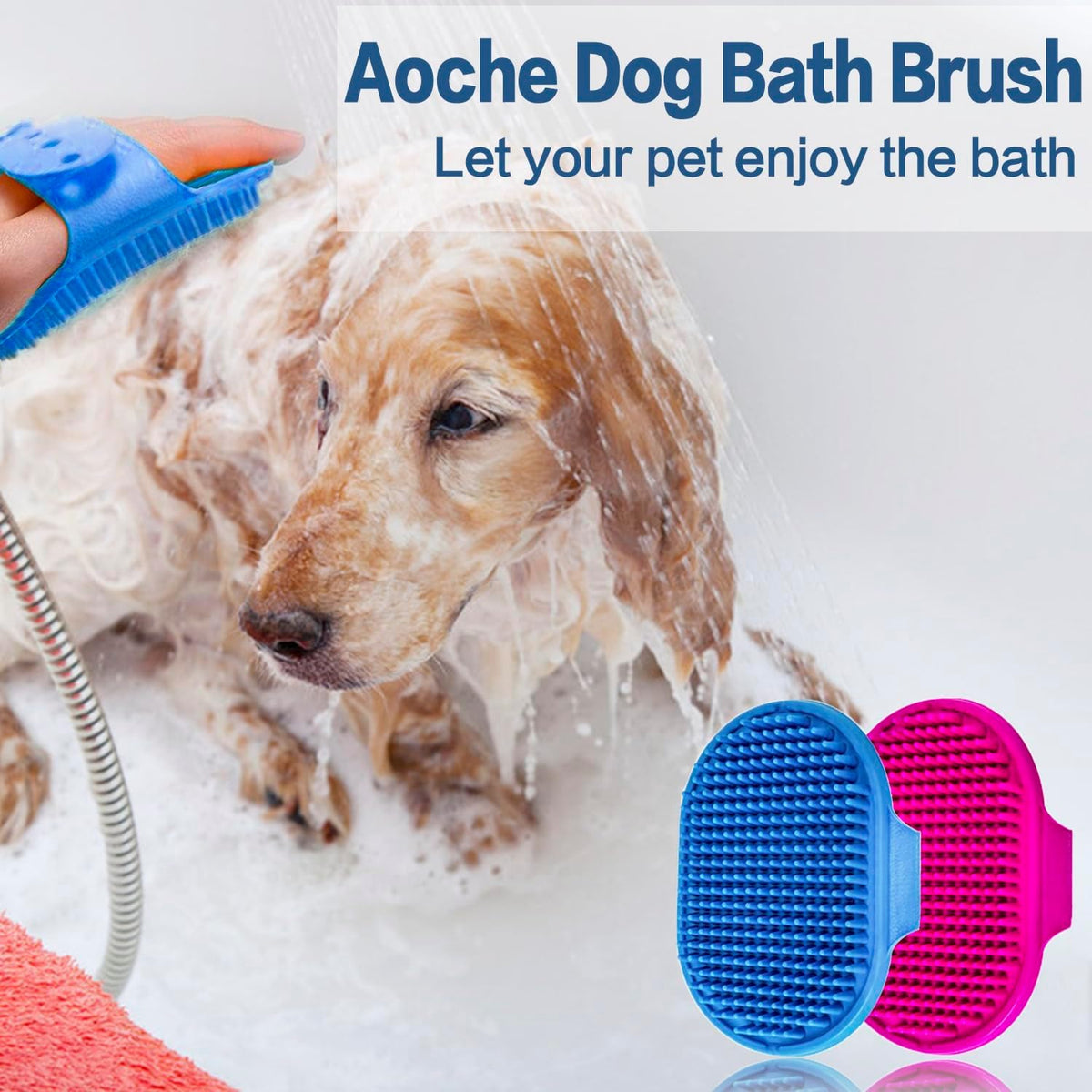 Dog Bath Brush Pet Bath Comb Brush Soothing Massage Rubber Comb 2Pcs with Adjustable Ring Handle for Long Short Haired Dogs and Cats (Blue+Rose)