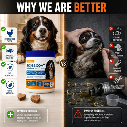 Omega 3 Fish Oil for Dogs Skin & Coat, Allergy & Itch 15 Ct | Pure Wild Alaskan Salmon Oil with 180Mg EPA + 120Mg DHA per Chew. for Skin, Coat, Shedding, Itch & Seasonal Allergies.