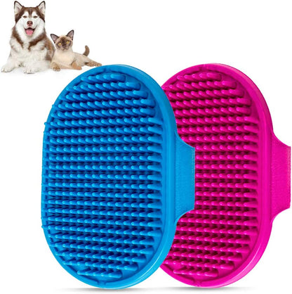 Dog Bath Brush Pet Bath Comb Brush Soothing Massage Rubber Comb 2Pcs with Adjustable Ring Handle for Long Short Haired Dogs and Cats (Blue+Rose)