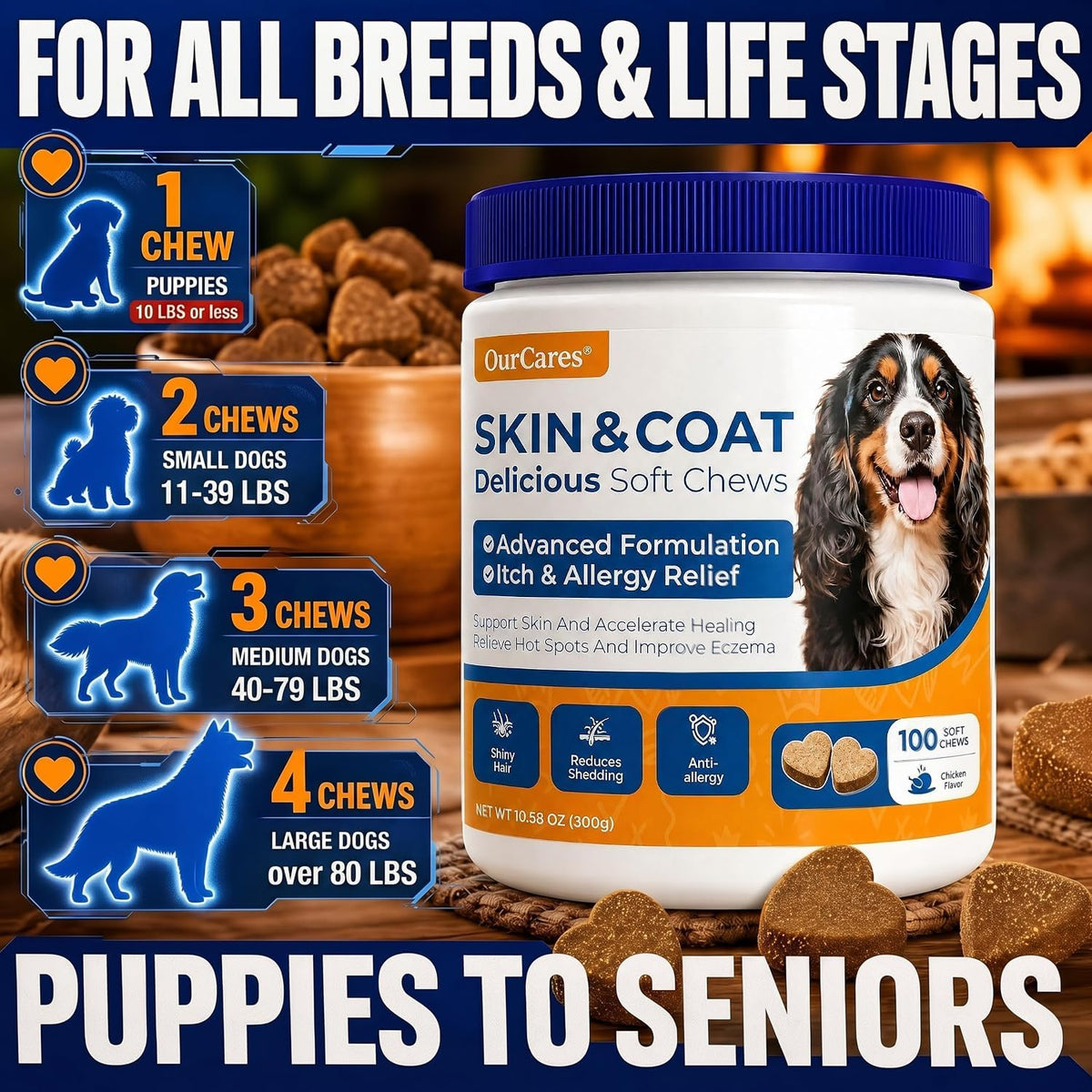 Omega 3 Fish Oil for Dogs Skin & Coat, Allergy & Itch 15 Ct | Pure Wild Alaskan Salmon Oil with 180Mg EPA + 120Mg DHA per Chew. for Skin, Coat, Shedding, Itch & Seasonal Allergies.