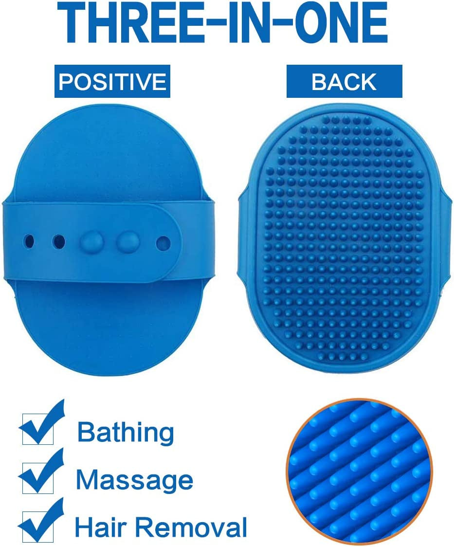 Dog Bath Brush Pet Bath Comb Brush Soothing Massage Rubber Comb 2Pcs with Adjustable Ring Handle for Long Short Haired Dogs and Cats (Blue+Rose)