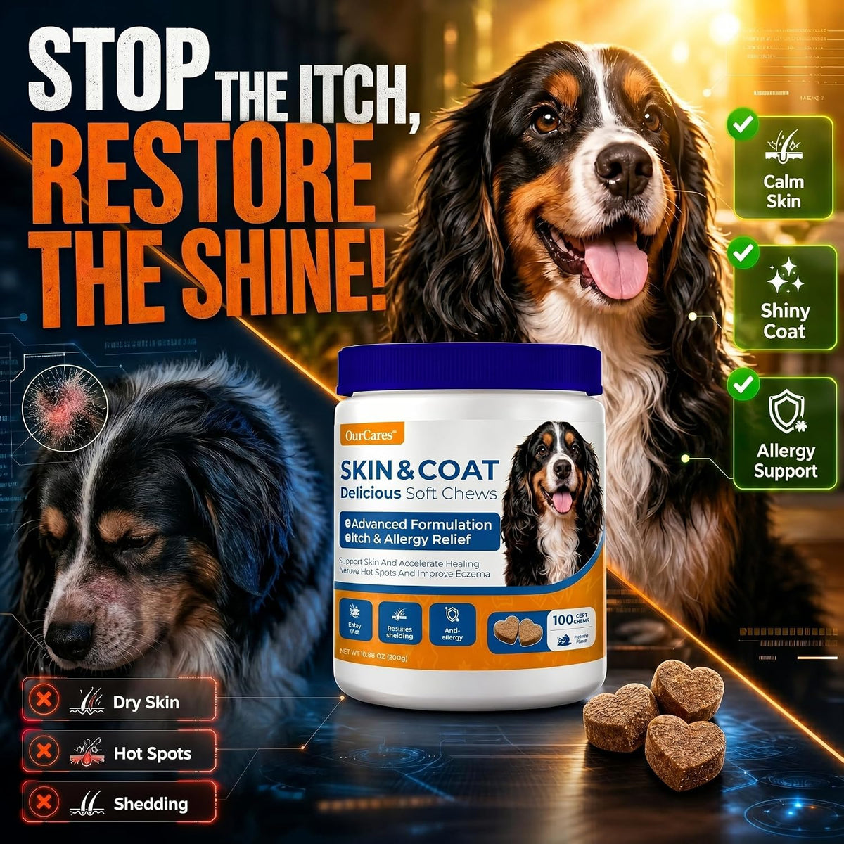 Omega 3 Fish Oil for Dogs Skin & Coat, Allergy & Itch 15 Ct | Pure Wild Alaskan Salmon Oil with 180Mg EPA + 120Mg DHA per Chew. for Skin, Coat, Shedding, Itch & Seasonal Allergies.